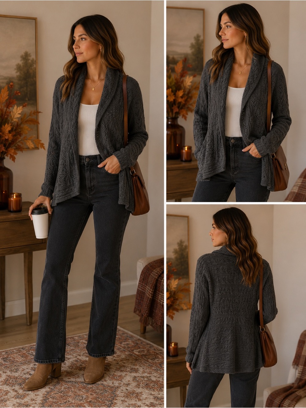 CAbi Charcoal Open-Front Shawl Collar Knit Cardigan